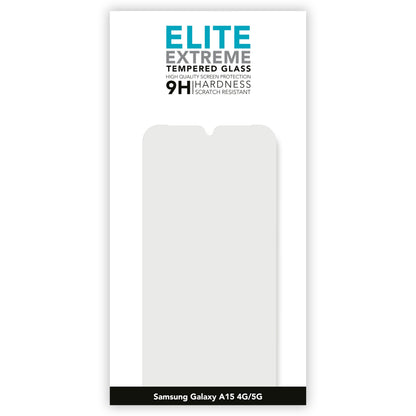 Elite Extreme skærmbeskyttelse til Samsung A15 4G/5G 9H hærdet glas slankt design skærmbeskytter-silhuet på æske.