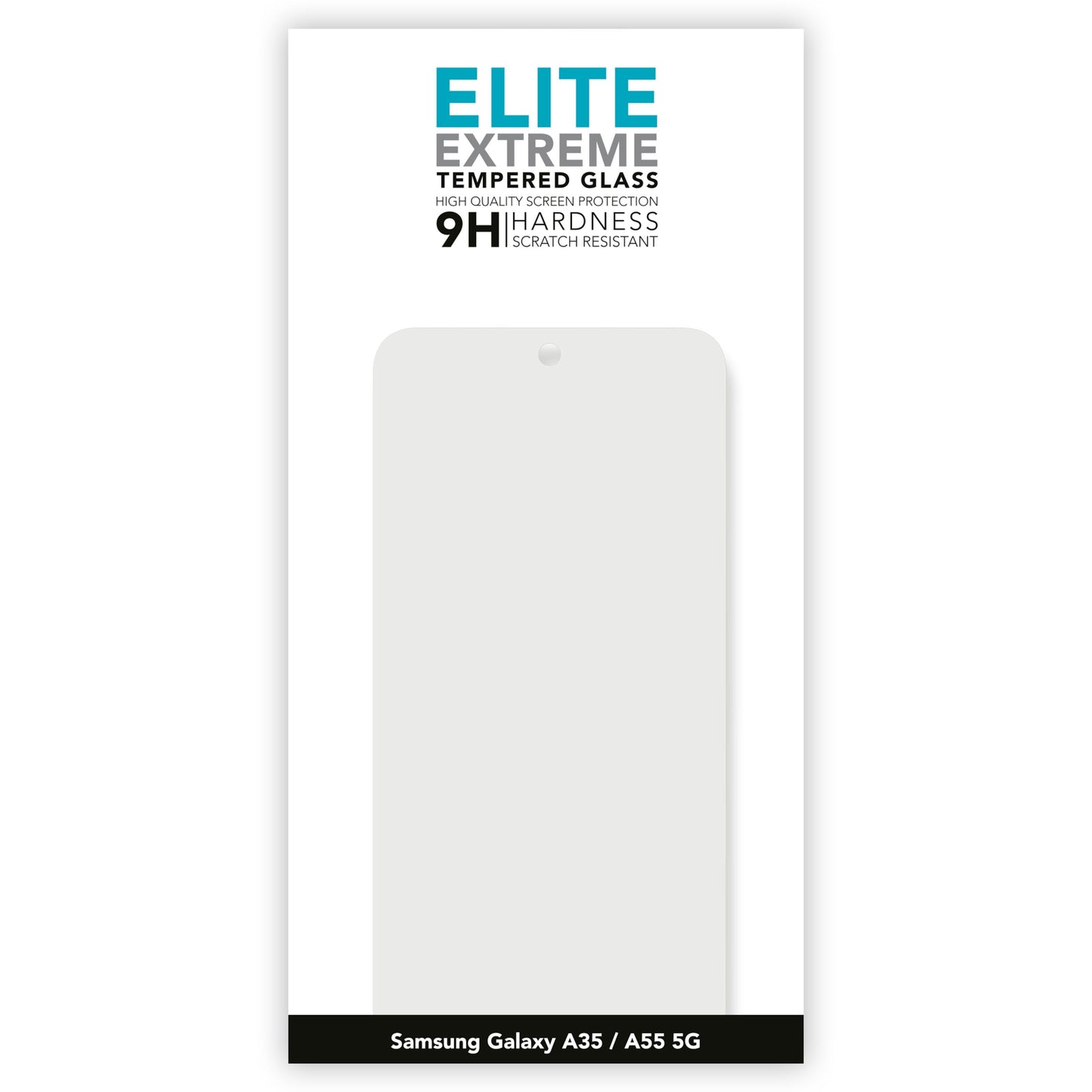 Elite Extreme skærmbeskyttelse til Samsung A35/A55 9H hærdet glas ridsemodstand silhuet af telefonskærm.