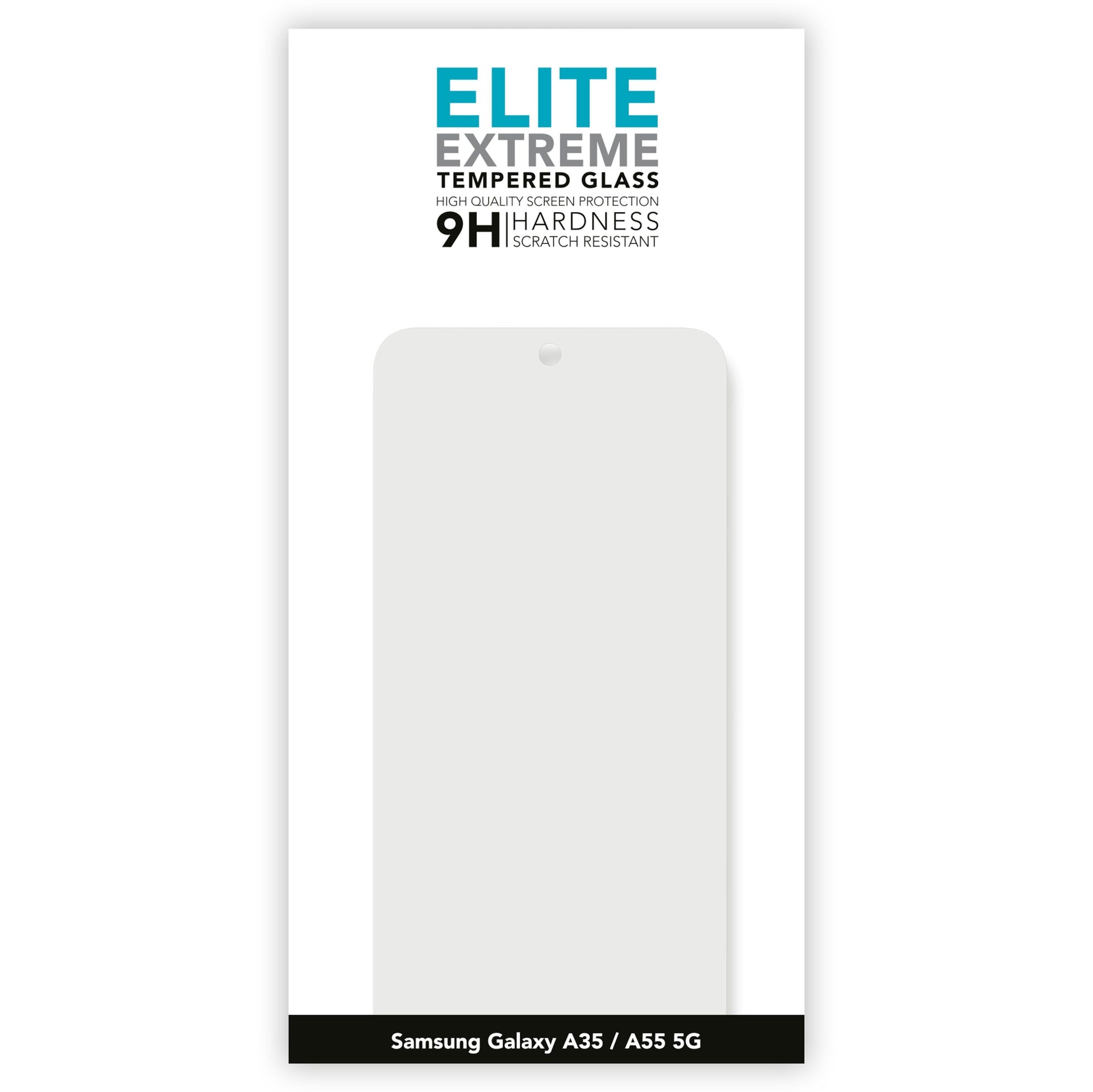 Elite Extreme skærmbeskyttelse til Samsung A35/A55 9H hærdet glas ridsemodstand silhuet af telefonskærm.