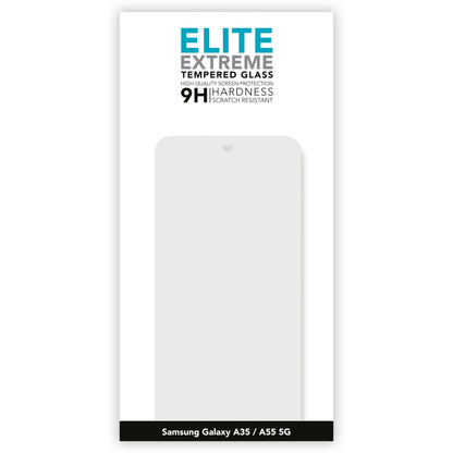 Elite Extreme skærmbeskyttelse til Samsung A35/A55 9H hærdet glas ridsemodstand silhuet af telefonskærm.