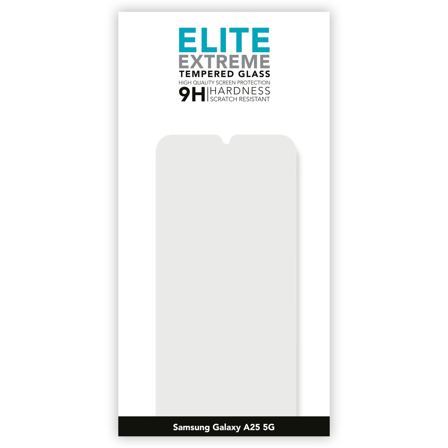 Elite Extreme skærmbeskyttelse til Samsung A25 med 9H hærdet glas, emballage viser outline af beskyttelsen.