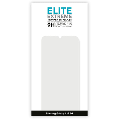 Elite Extreme skærmbeskyttelse til Samsung A25 med 9H hærdet glas, emballage viser outline af beskyttelsen.