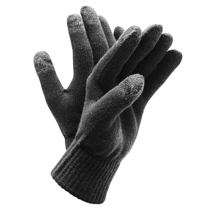 Linocell Strikkede touchskindhandsker mørkegrå med teksturerede fingre til bedre greb, to handsker stablet.