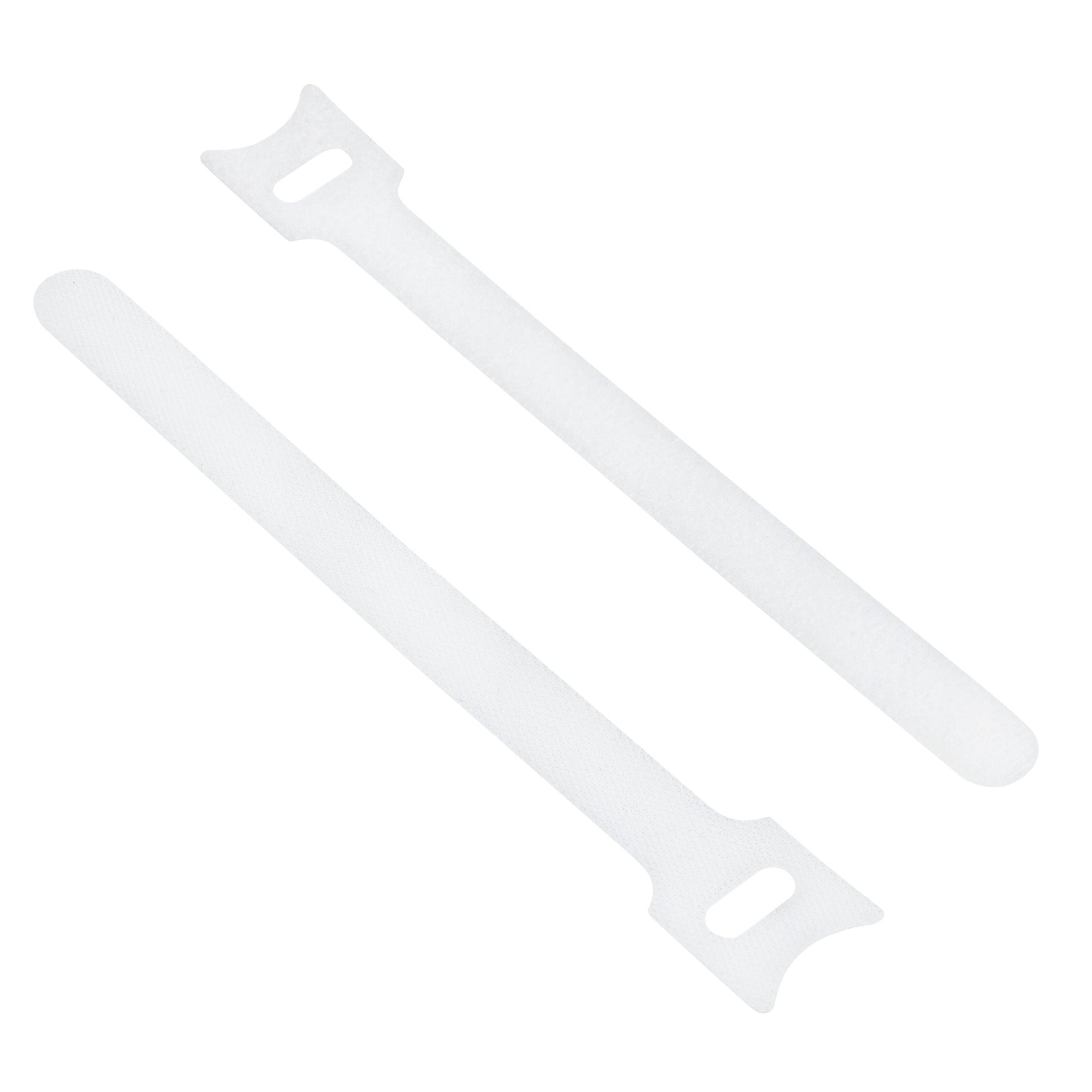 Kabelsamler 2-pak, hvid, to plaststrips med rund spids og flad ende med rektangulært hul til ledningsorganisering.