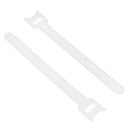 Kabelsamler 2-pak, hvid, to plaststrips med rund spids og flad ende med rektangulært hul til ledningsorganisering.
