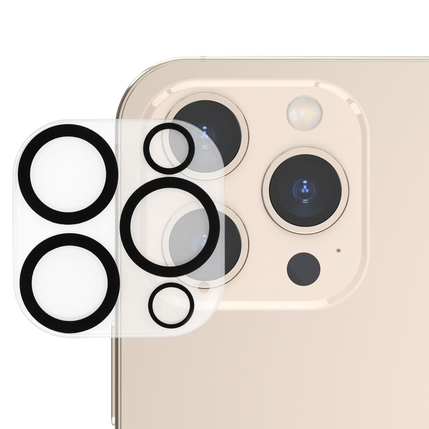 Kamera beskyttelse i hærdet glas til iPhone 13 Pro/Pro Max med udskæringer til triple kamera og blitz.