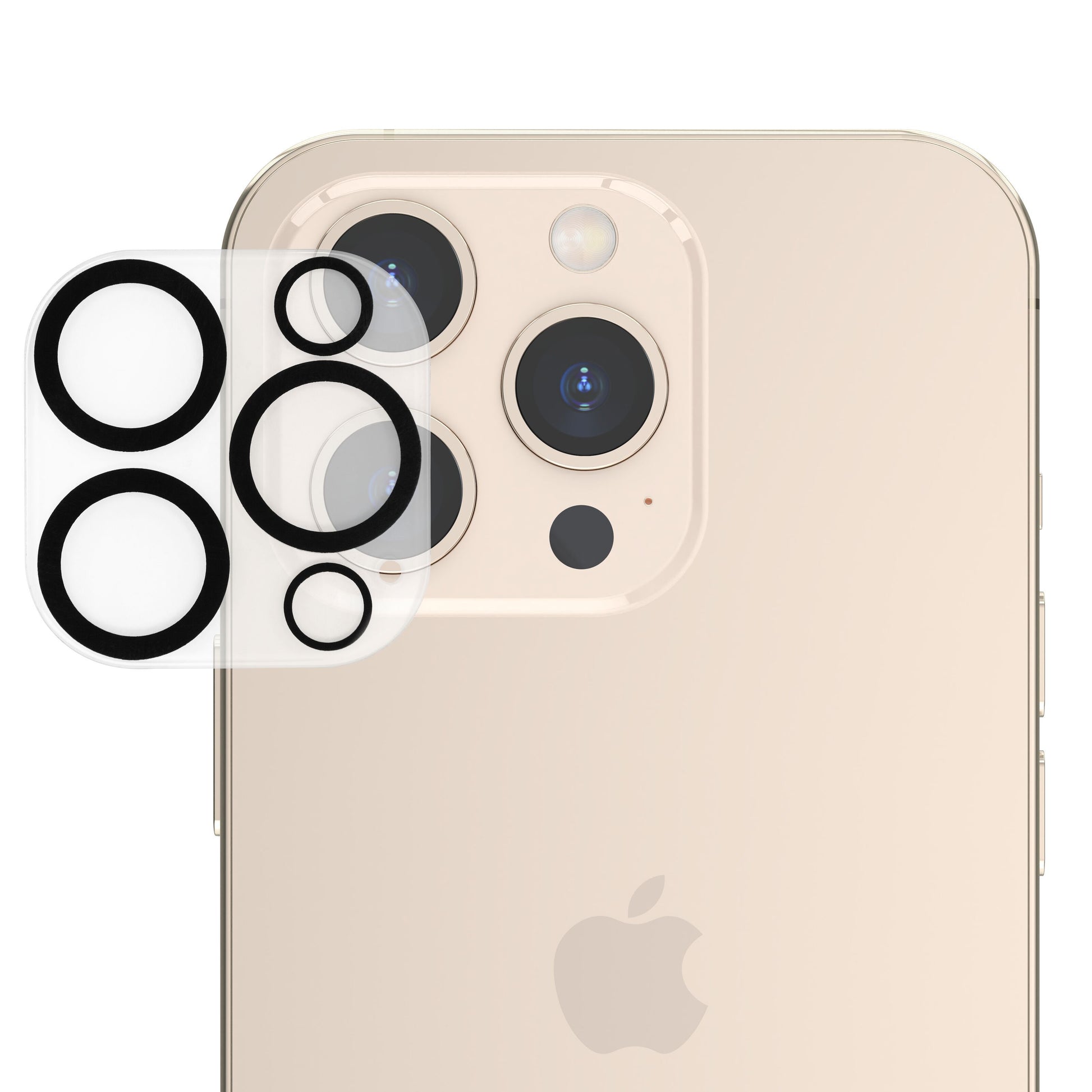 IPhone 13 Pro/13 Pro Max guld med gennemsigtig kameralinsebeskyttelse, der dækker tre linser, blitz og sensor.