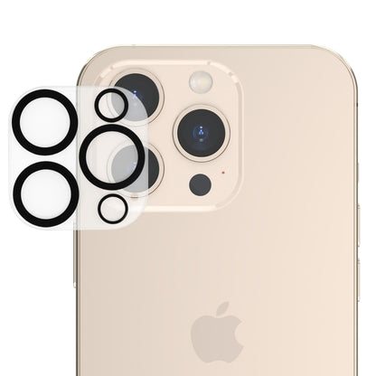 IPhone 13 Pro/13 Pro Max guld med gennemsigtig kameralinsebeskyttelse, der dækker tre linser, blitz og sensor.