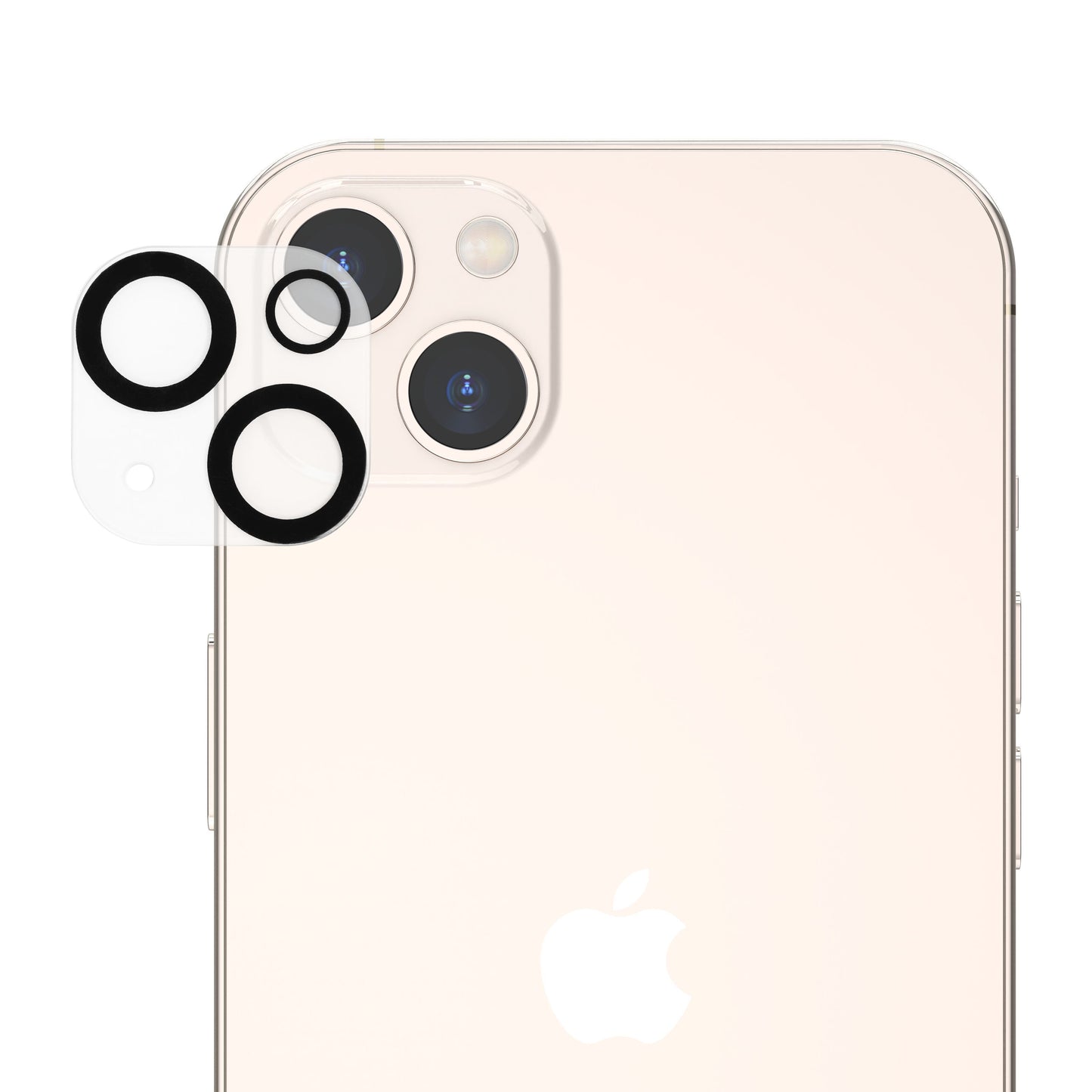 Hvid iPhone 13 med dualkamera og blitz ved siden af hærdet glas kamerabeskyttelse til iPhone 13/13 Mini.