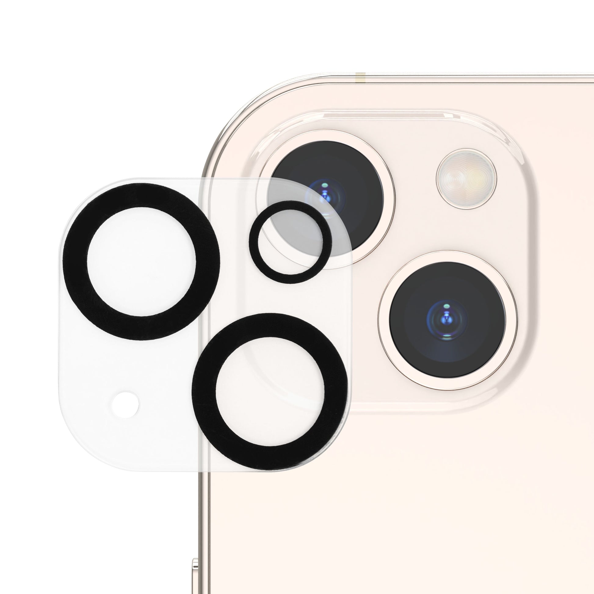 Elite Extreme kamerabeskyttelse til iPhone 13/13 Mini, transparent hærdet glas med sorte ringe om linserne.
