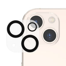 Elite Extreme kamerabeskyttelse til iPhone 13/13 Mini, transparent hærdet glas med sorte ringe om linserne.