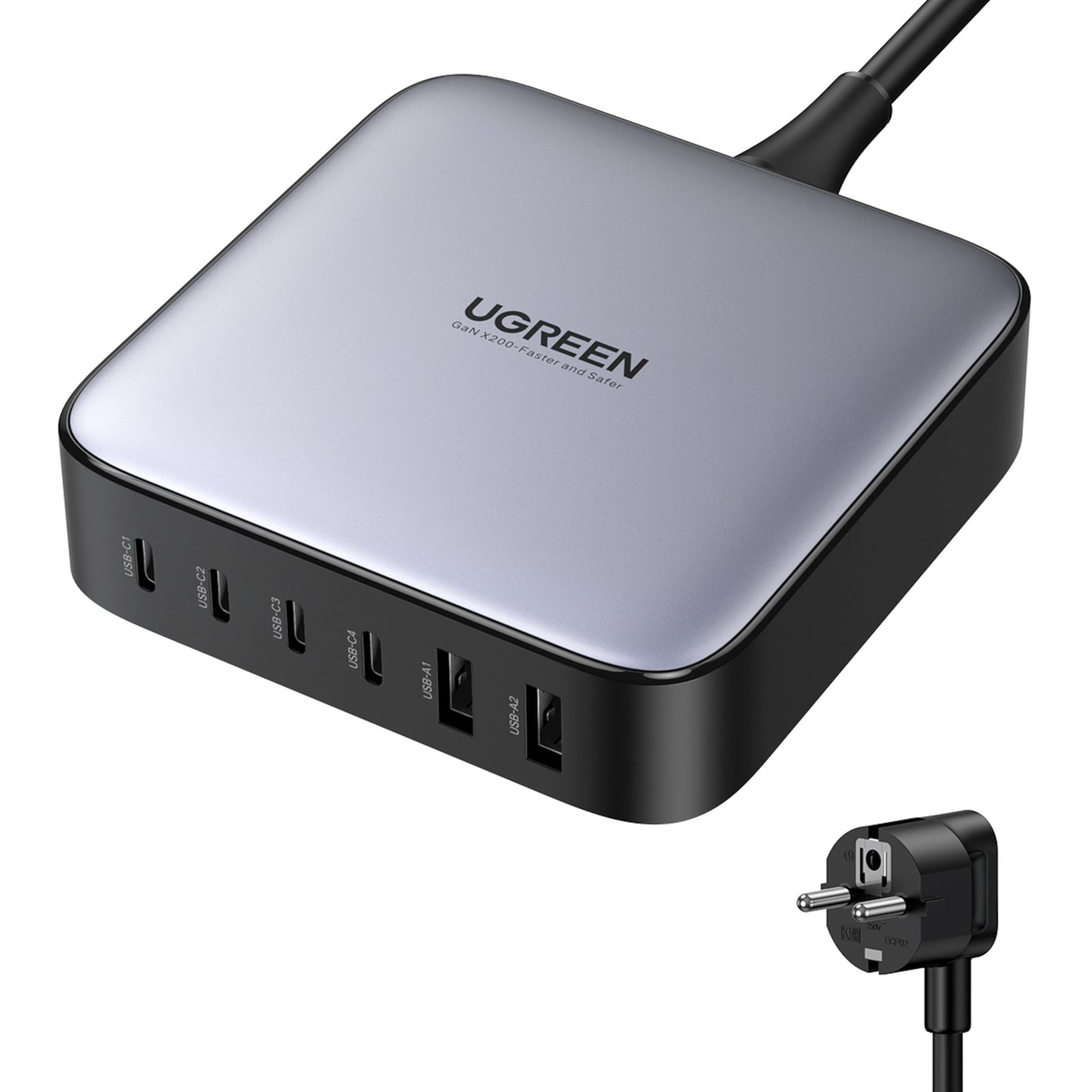 Ugreen multilader 200W med 6 porte, 4x USB-C og 2x USB-A, hurtigt strømkabel, EU-stik, sølv/sort med Ugreen-logo.