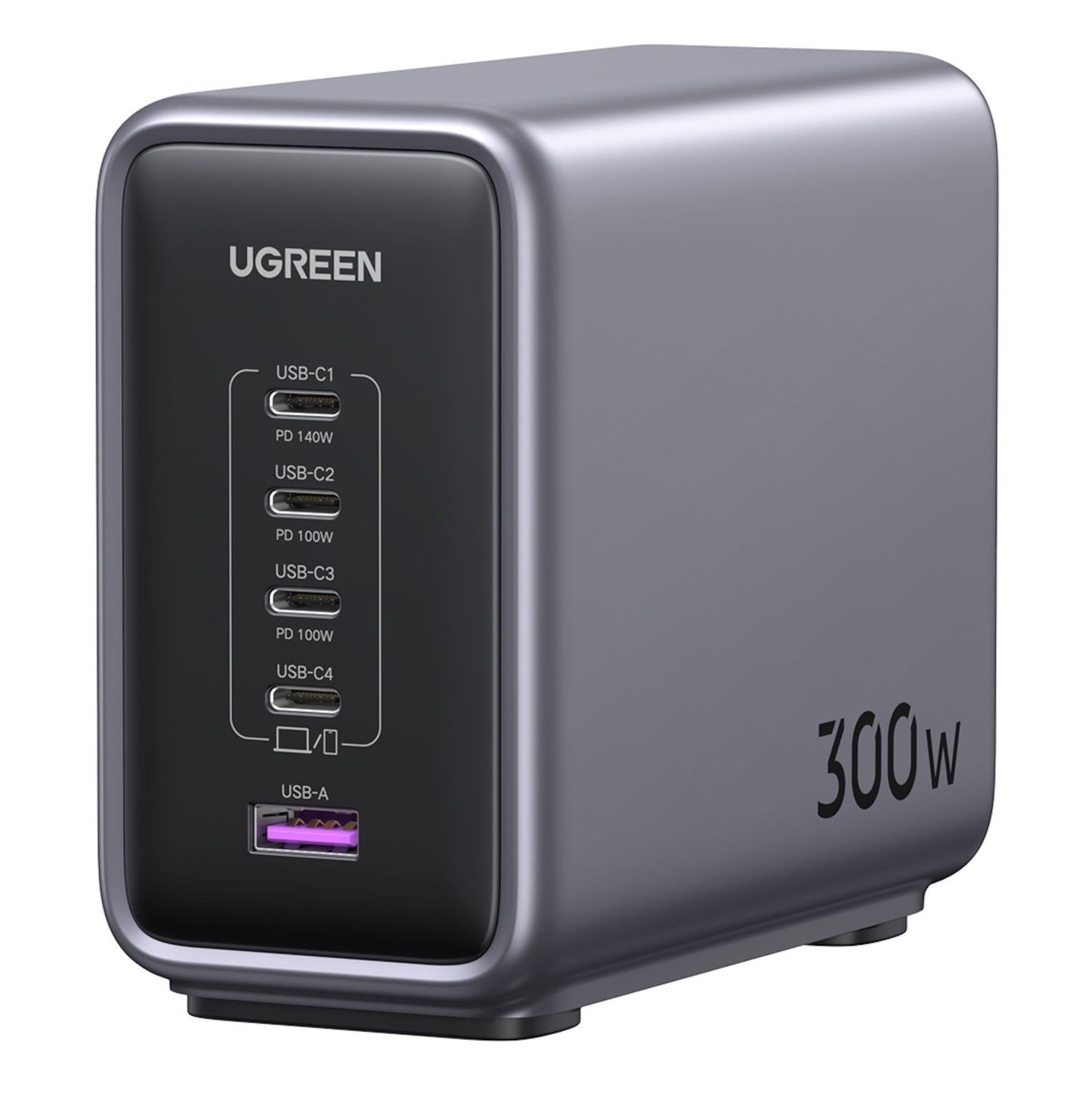 Ugreen multilader 5 porte 300W, fire USB-C og én USB-A, GaN-teknologi, max output mærkning ved hver port.
