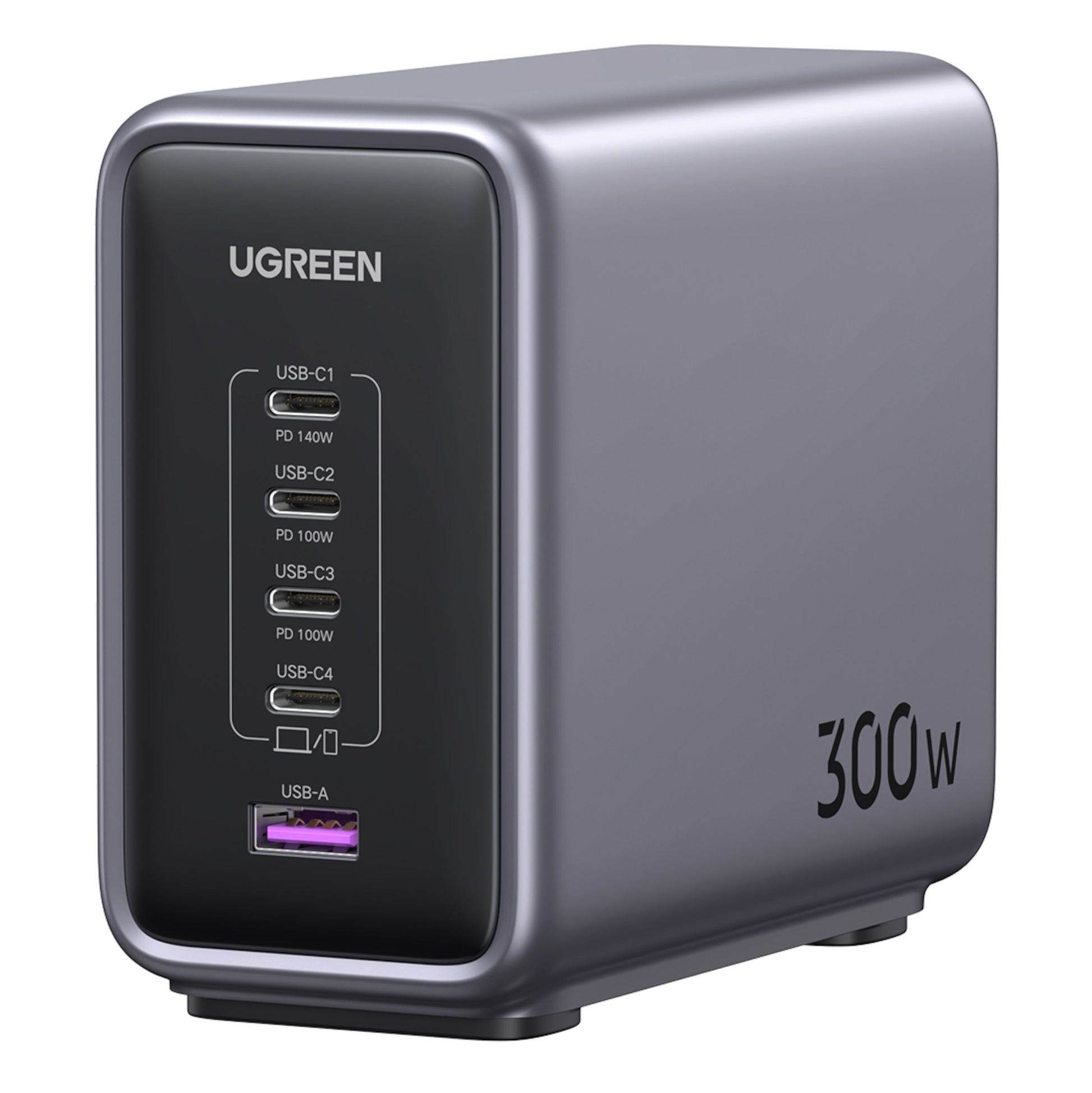 Ugreen multilader 5 porte 300W, fire USB-C og én USB-A, GaN-teknologi, max output mærkning ved hver port.