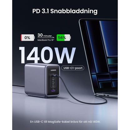 Ugreen multilader 5 porte 300W GaN-tech tilsluttet laptop via USB-C PD 3.1, oplader MacBook Pro 16, fem porte vises.