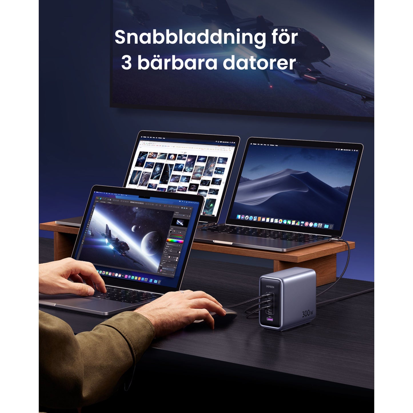 Ugreen Kraftfuld Multilader 5 porte 300 W GaN oplader tre laptops samtidigt, svensk tekst: Snabbladdning för 3 bärbara datorer.