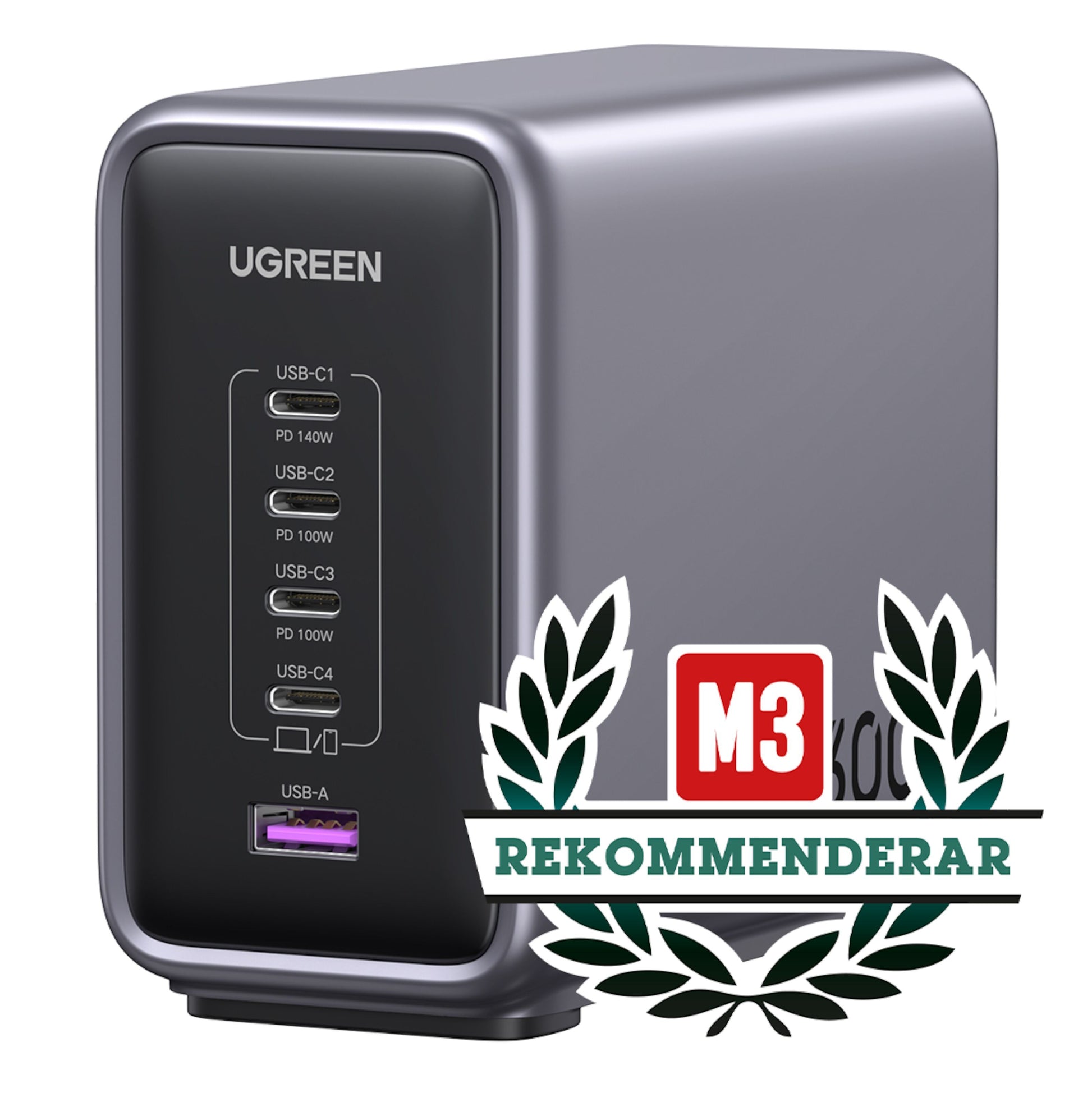 Ugreen Kraftfuld Multilader 5 porte 300W GaN, flere USB-C, én USB-A med effektmærkning, M3 Rekommenderar badge synlig.
