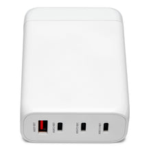 Linocell Premium GaN Multilader PD 3.0 100 W hvid med tre USB-C og én USB-A port med rød inderside, rektangulær form.