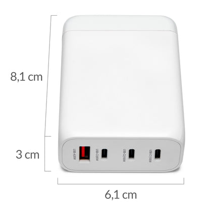 Linocell Premium GaN Multilader PD 3.0 100 W, hvid, fire USB-porte (én rød), måler 8,1x6,1x3 cm.