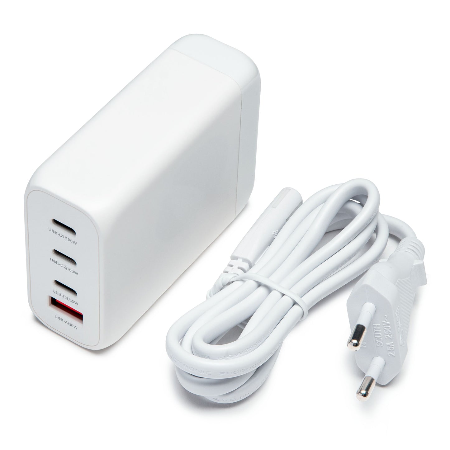 Linocell Premium GaN Multilader PD 3.0 100W hvid USB væglader med tre USB-porte og EU-stik.