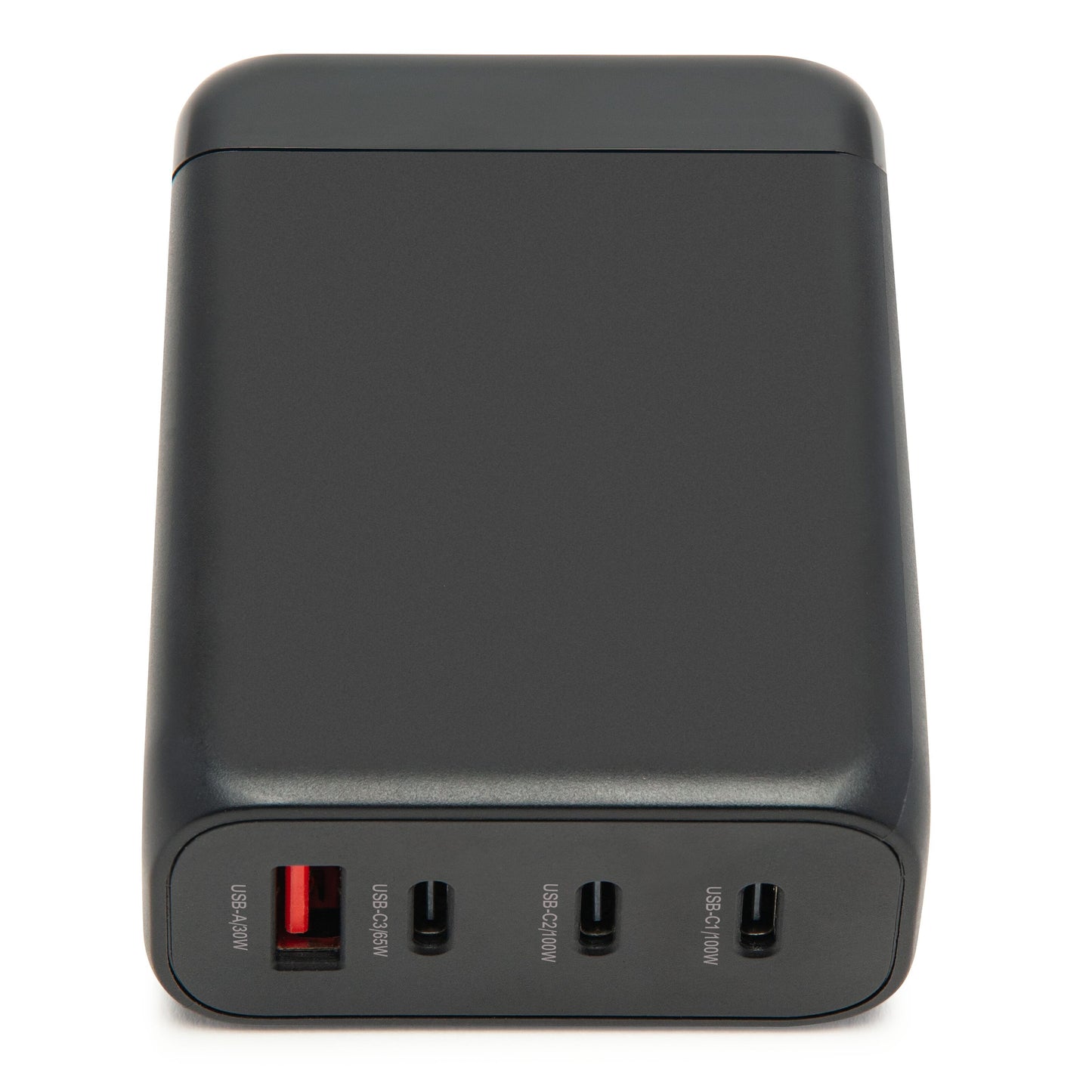 GaN Multioplader PD 3.0 100W sort, rektangulær med 1 rød USB-A og 3 USB-C porte, alle med strømstyrkemærker.