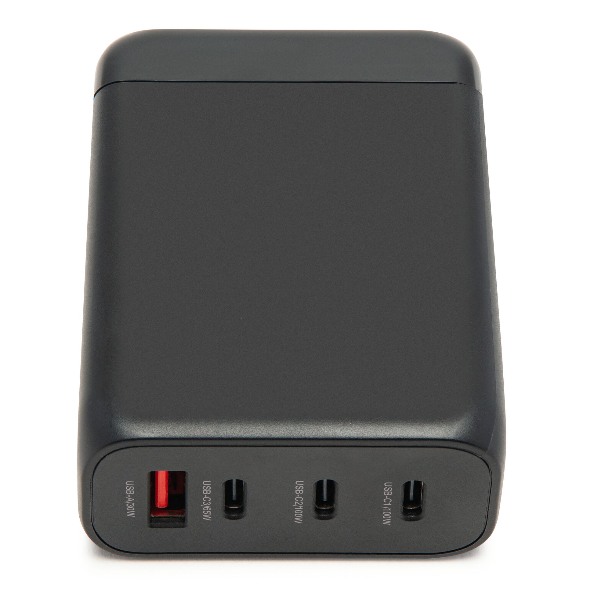 GaN Multioplader PD 3.0 100W sort, rektangulær med 1 rød USB-A og 3 USB-C porte, alle med strømstyrkemærker.
