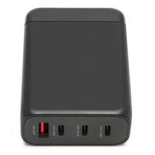 GaN Multioplader PD 3.0 100W sort, rektangulær med 1 rød USB-A og 3 USB-C porte, alle med strømstyrkemærker.