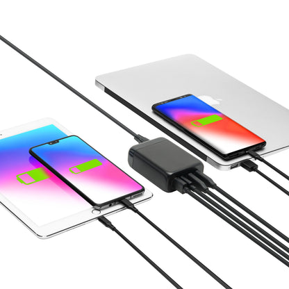 Linocell GaN Multioplader PD 3.0 100W sort lader mobil, tablet og bærbar samtidig via flere porte, grønne batteriikoner vises.