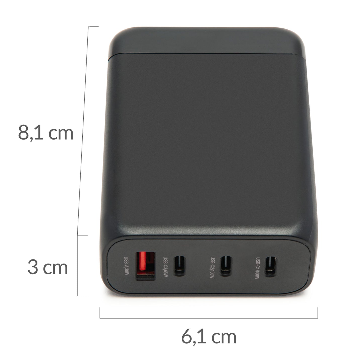 Linocell Premium GaN Multioplader PD 3.0 100W sort, fire USB porte (en rød, tre sorte), 8,1 x 6,1 x 3 cm.