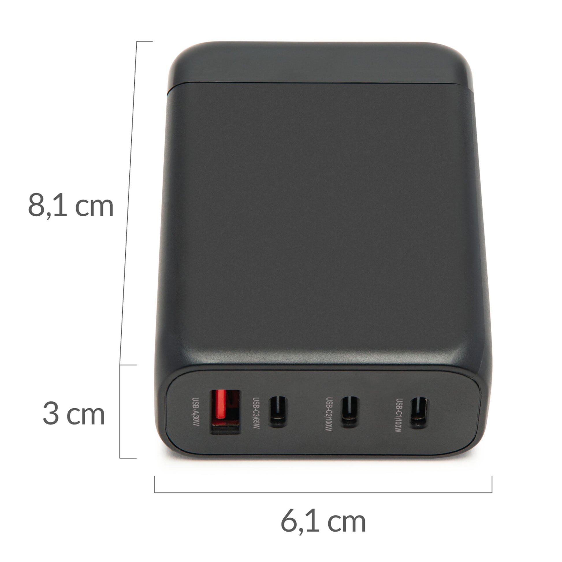 Linocell Premium GaN Multioplader PD 3.0 100W sort, fire USB porte (en rød, tre sorte), 8,1 x 6,1 x 3 cm.