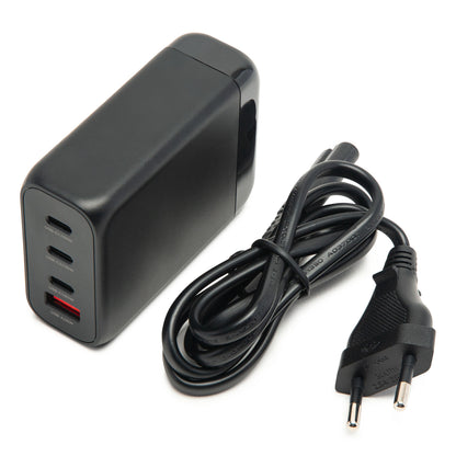 Linocell GaN Multioplader PD 3.0 100 W sort med tre USB-C og en USB-A port samt sort to-benet strømkabel.