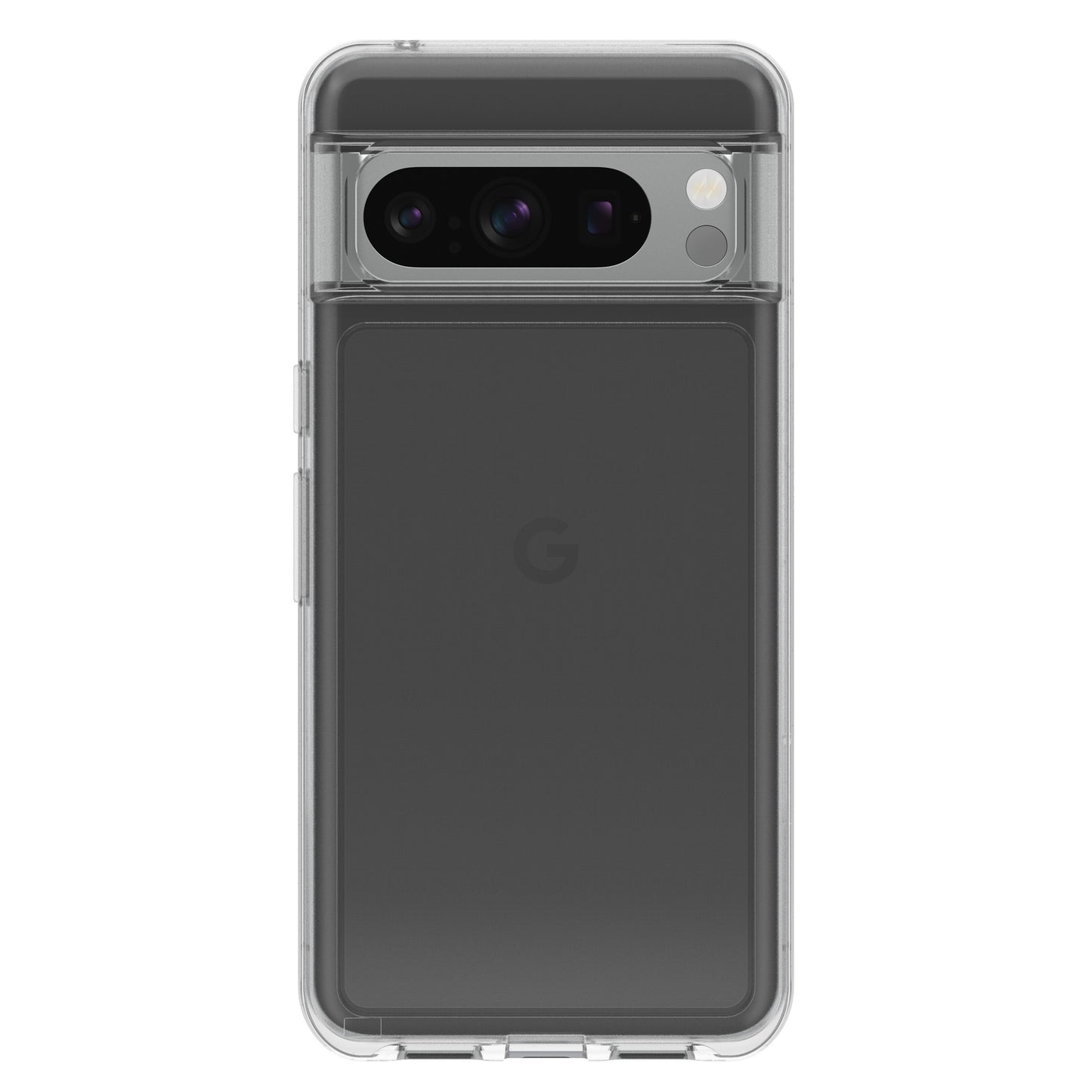 Google Pixel 8 Pro sort bagside i gennemsigtigt cover, tredobbelt kamera og Google-logo synlige.