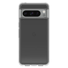 Google Pixel 8 Pro sort bagside i gennemsigtigt cover, tredobbelt kamera og Google-logo synlige.