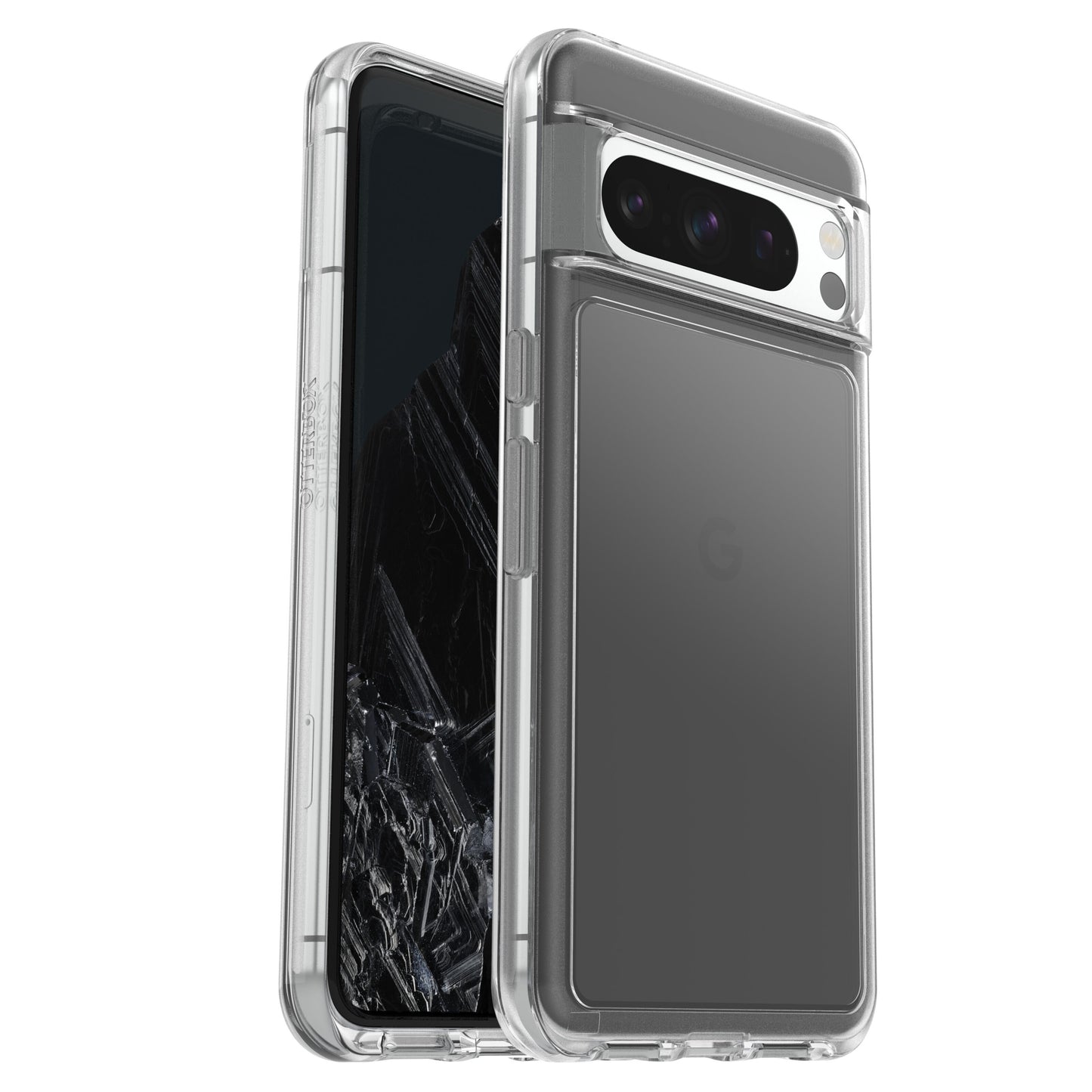 Symmetry Transparent cover til Google Pixel 8 Pro, viser mørk skærm, triple-kamera og synligt Google-logo gennem klar skal.