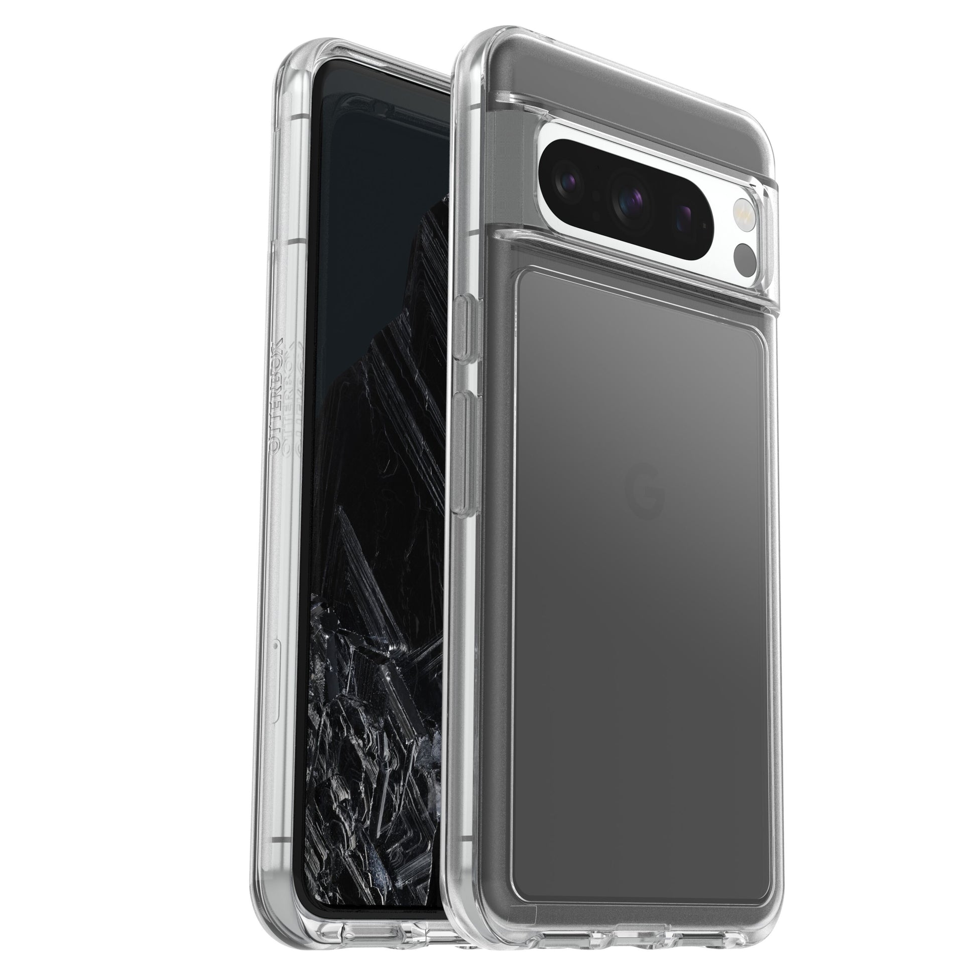 Symmetry Transparent cover til Google Pixel 8 Pro, viser mørk skærm, triple-kamera og synligt Google-logo gennem klar skal.