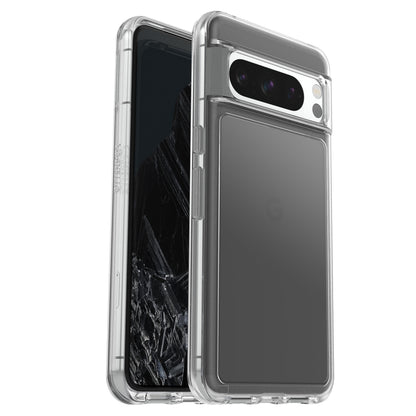 Symmetry Transparent cover til Google Pixel 8 Pro, viser mørk skærm, triple-kamera og synligt Google-logo gennem klar skal.
