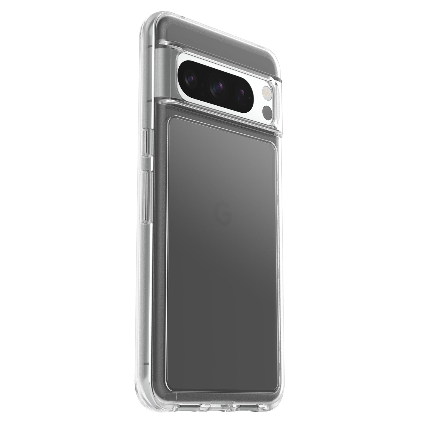 Otterbox Symmetry Transparent cover til grå Google Pixel 8 Pro med horisontal kamerabjælke og centralt Google G-logo.