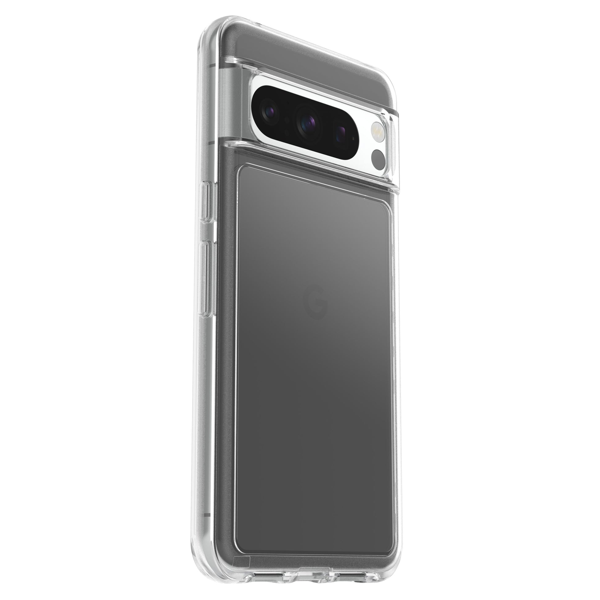 Otterbox Symmetry Transparent cover til grå Google Pixel 8 Pro med horisontal kamerabjælke og centralt Google G-logo.
