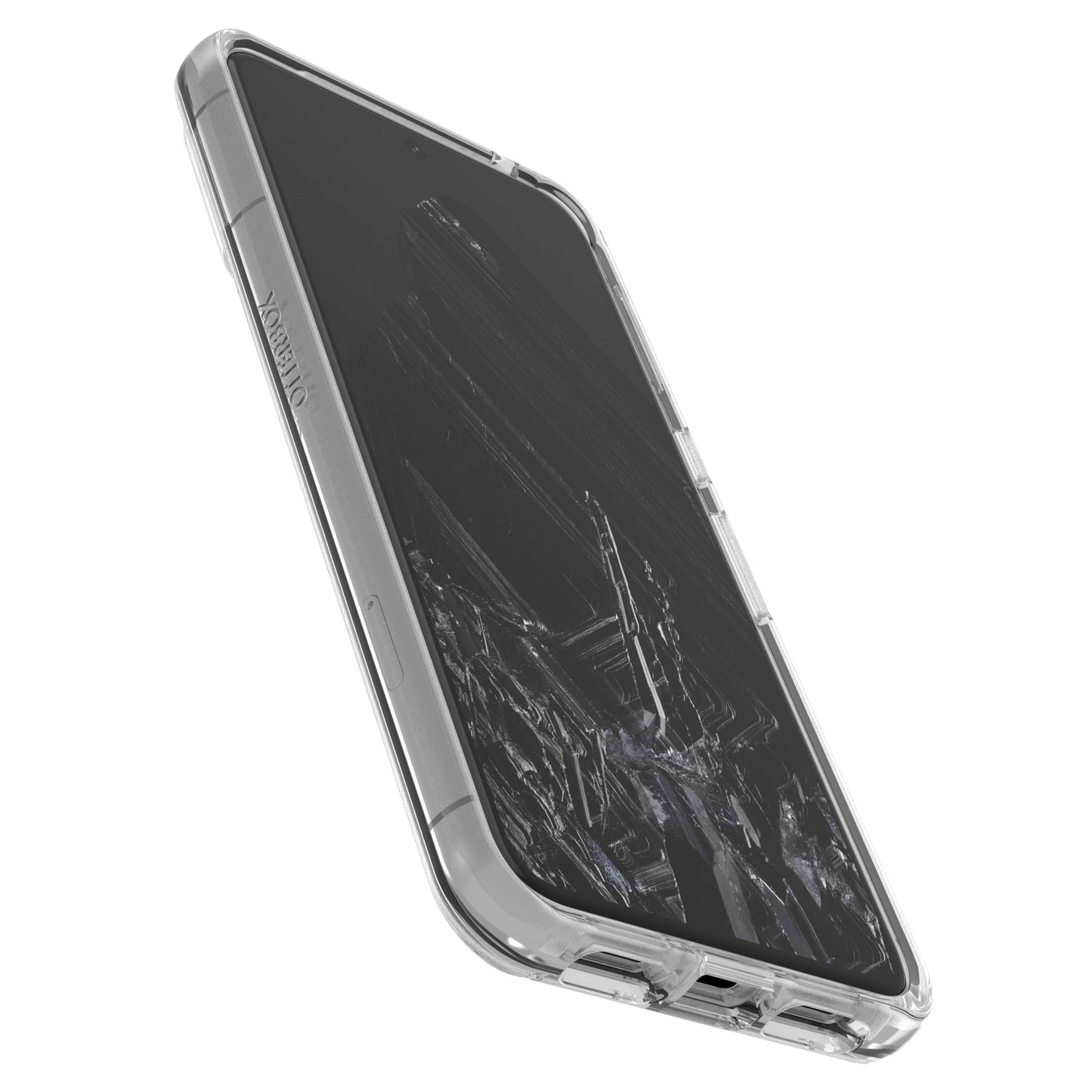 Otterbox Symmetry Transparent cover på Google Pixel 8 Pro med synlig skærm med revner og glasskår, vist fra vinkel.