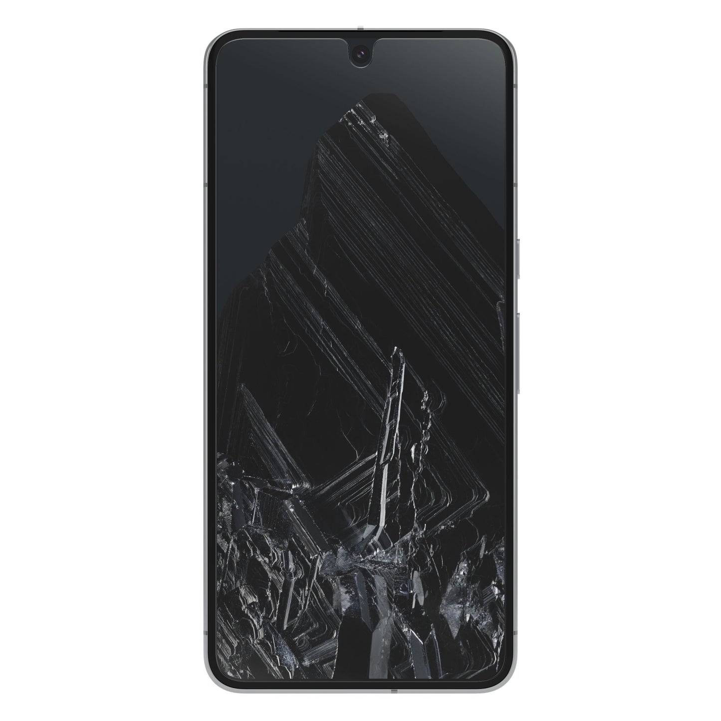 Google Pixel 8 Pro forfra med smalle kanter, top-centreret notch, sort marmorbaggrund, Otterbox Glas skærmbeskyttere.