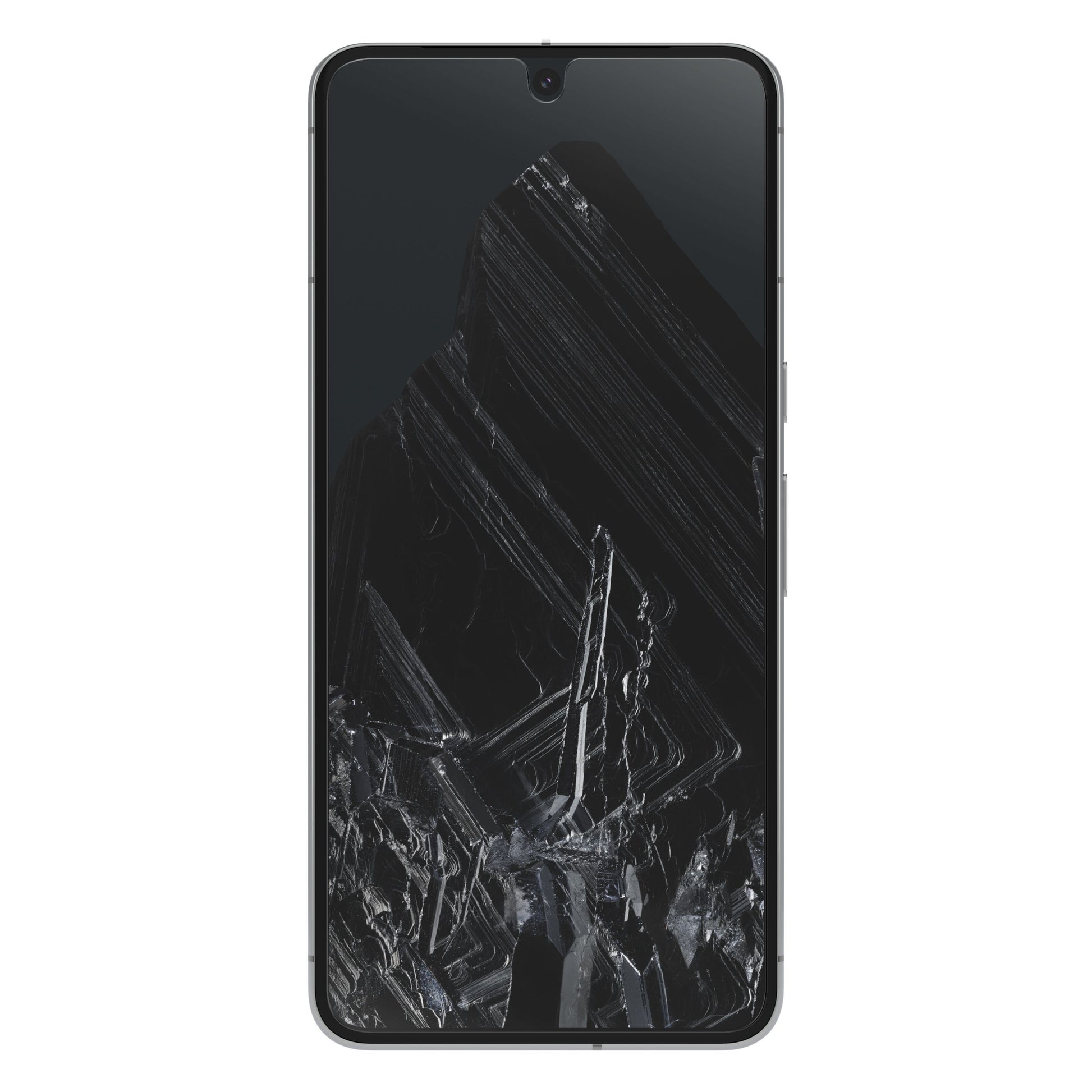 Google Pixel 8 Pro forfra med smalle kanter, top-centreret notch, sort marmorbaggrund, Otterbox Glas skærmbeskyttere.