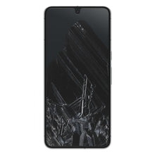 Google Pixel 8 Pro forfra med smalle kanter, top-centreret notch, sort marmorbaggrund, Otterbox Glas skærmbeskyttere.