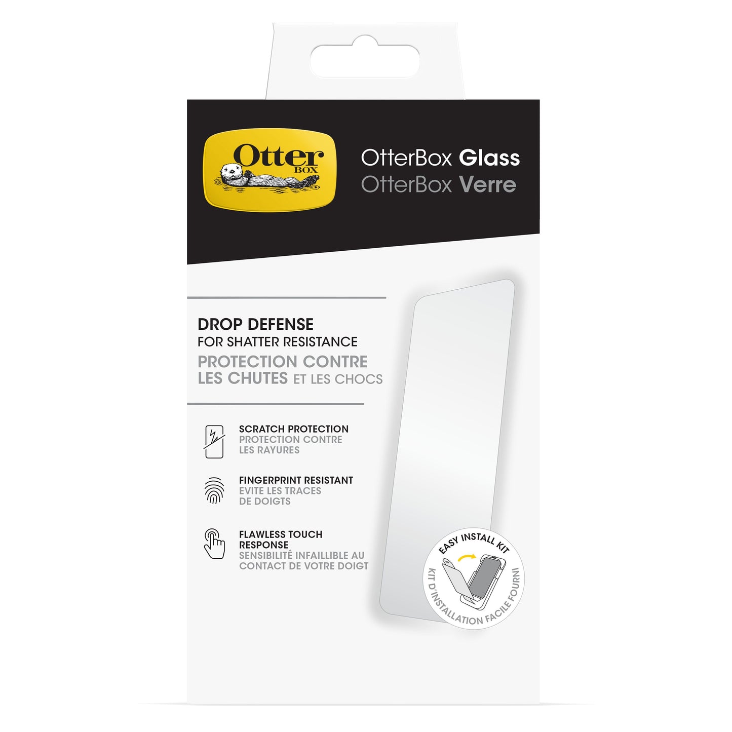 Otterbox glasskærmbeskyttere til Google Pixel 8 Pro, fald- og ridsebeskyttelse, fingeraftryksmodstand, engelsk/fransk æske.