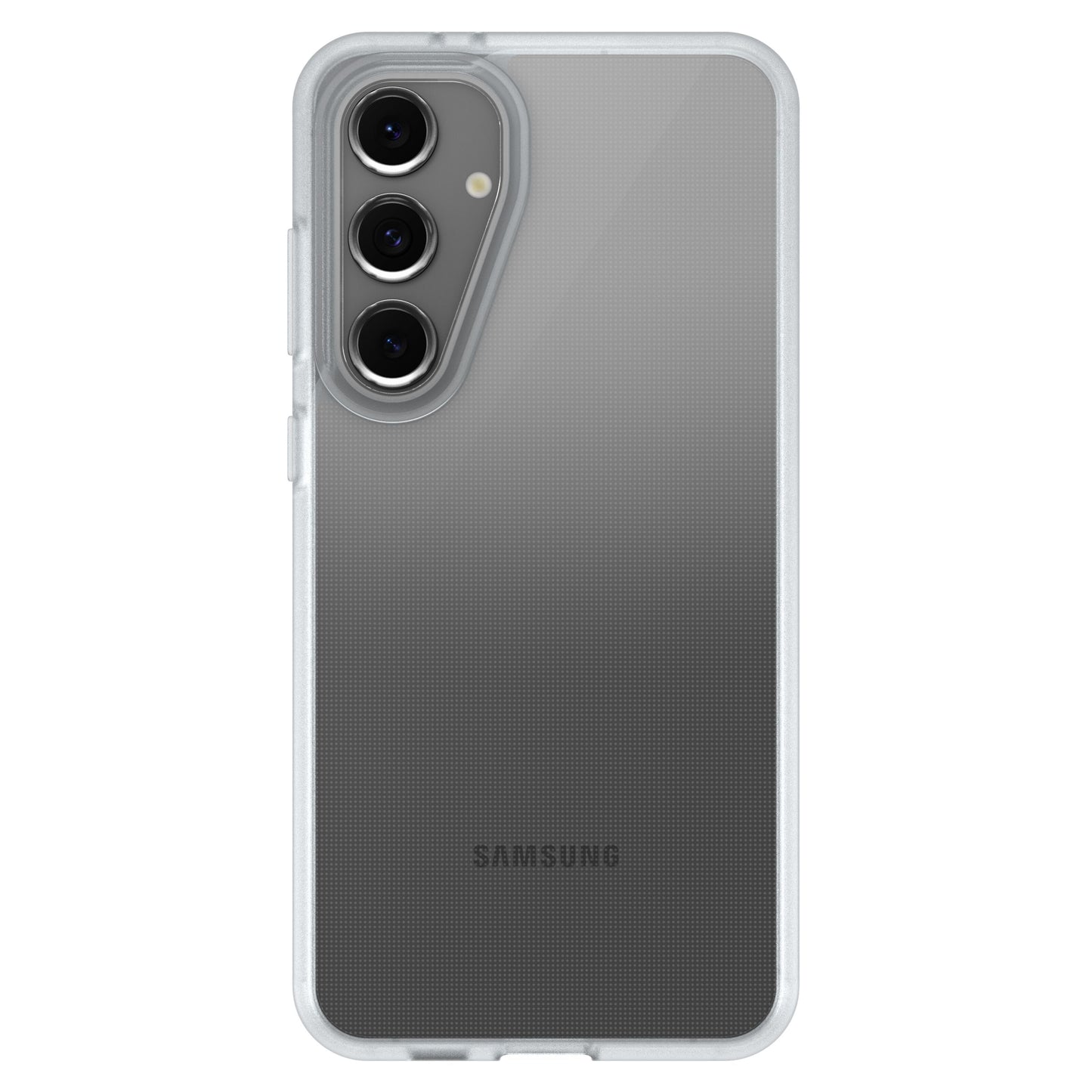 Gennemsigtigt Reager-cover til Samsung Galaxy S23 FE med tre lodrette bagkameraer og Samsung-logo nederst.