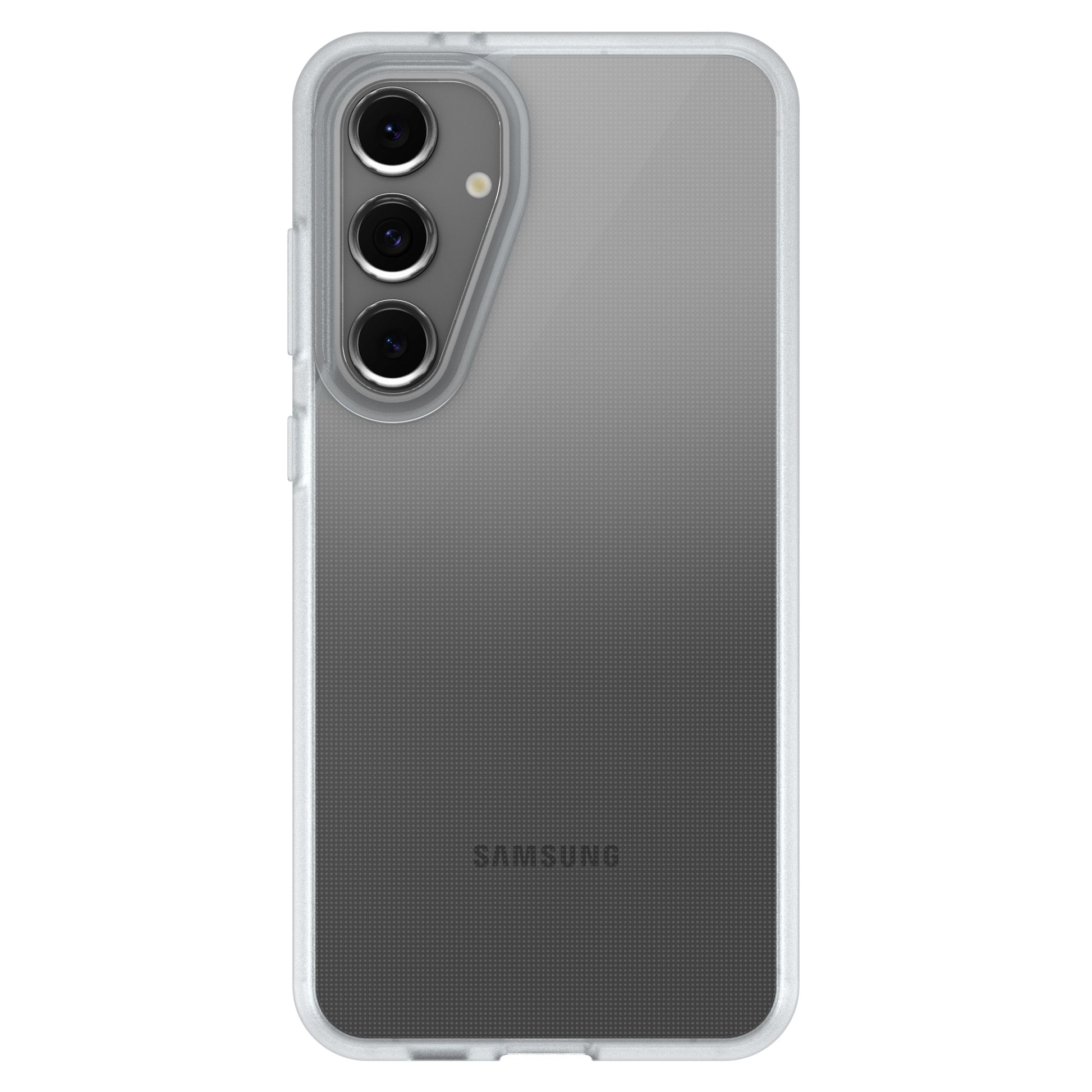 Gennemsigtigt Reager-cover til Samsung Galaxy S23 FE med tre lodrette bagkameraer og Samsung-logo nederst.