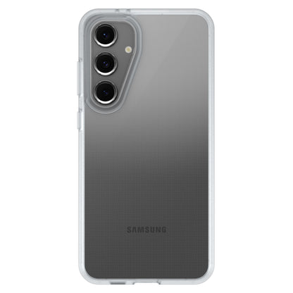 Gennemsigtigt Reager-cover til Samsung Galaxy S23 FE med tre lodrette bagkameraer og Samsung-logo nederst.