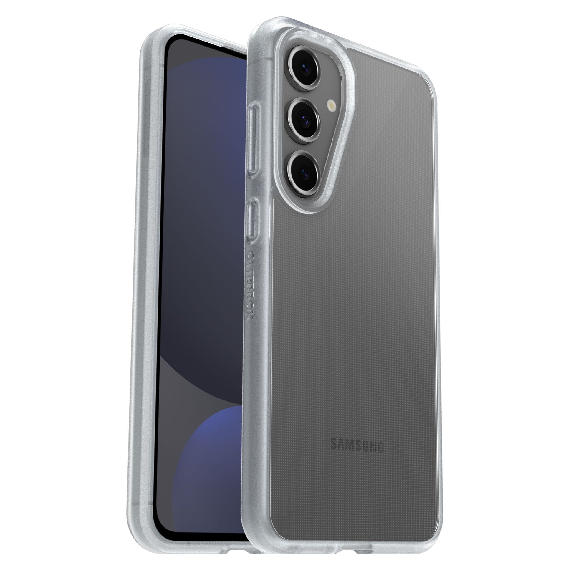 Otterbox Reager cover til Samsung Galaxy S23 FE, gennemsigtig med let teksturerede sider og tre synlige bagkameraer.