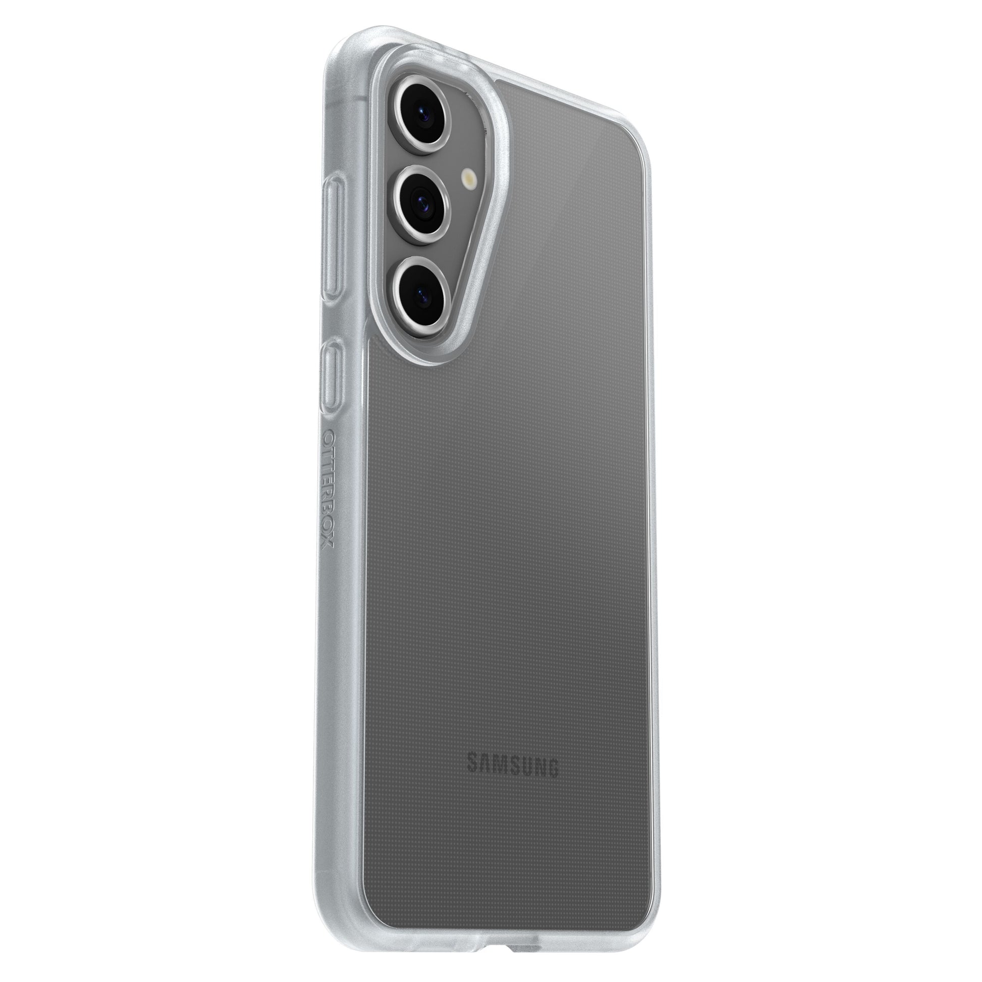 Otterbox Reager gennemsigtigt etui til Galaxy S23 FE, beskytter kanter/knapper, viser tre bagkameraer og Samsung-logo.