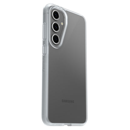 Otterbox Reager gennemsigtigt etui til Galaxy S23 FE, beskytter kanter/knapper, viser tre bagkameraer og Samsung-logo.