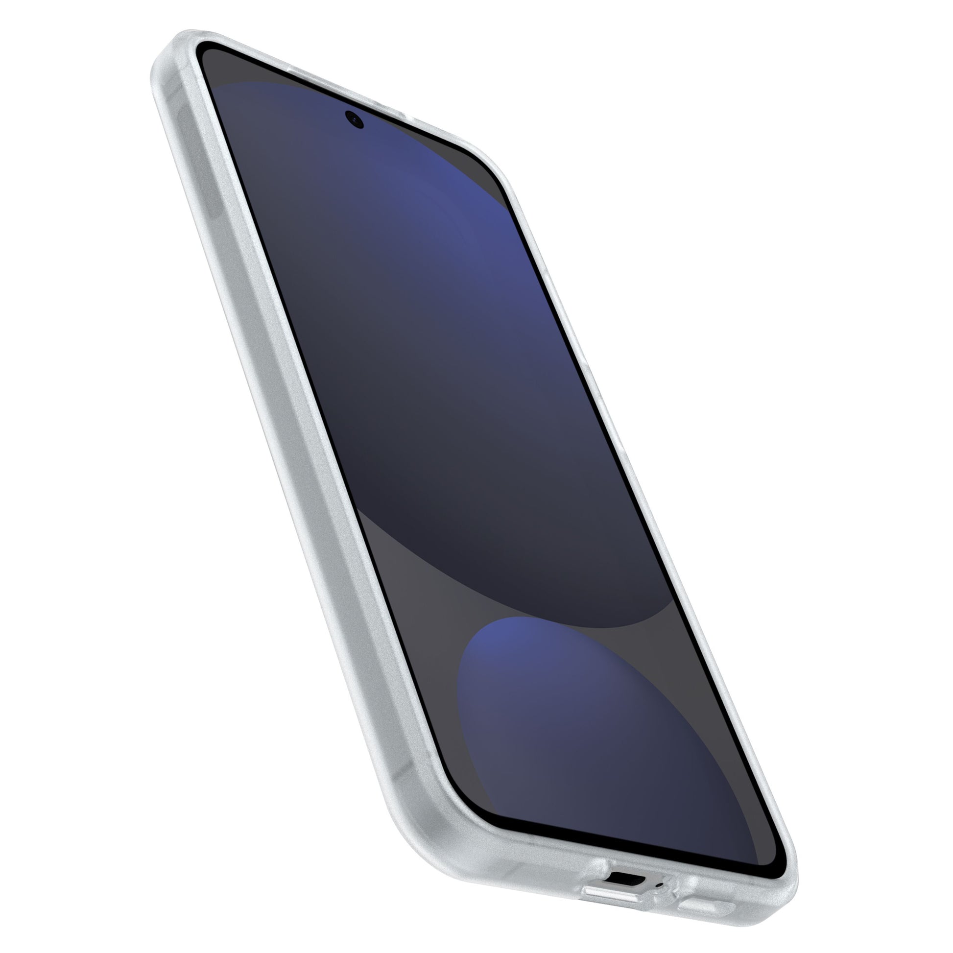 Otterbox Reager etui til Galaxy S23 FE gennemsigtig, viser Galaxy S23 FE med mørk reflekterende skærm i vinkel.